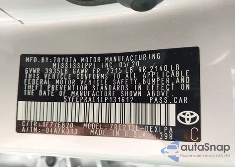 2020 Toyota Corolla Le из США, поврежденный, VIN 5YFEPRAE1LP131612